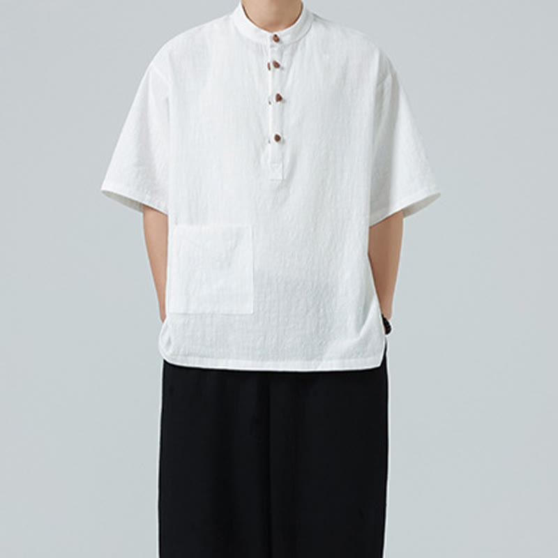 Chemise décontractée à manches mi-longues et col montant pour homme, motif Buddha Stones, avec poche
