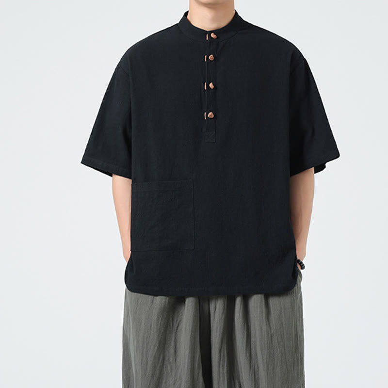 Chemise décontractée à manches mi-longues et col montant pour homme, motif Buddha Stones, avec poche