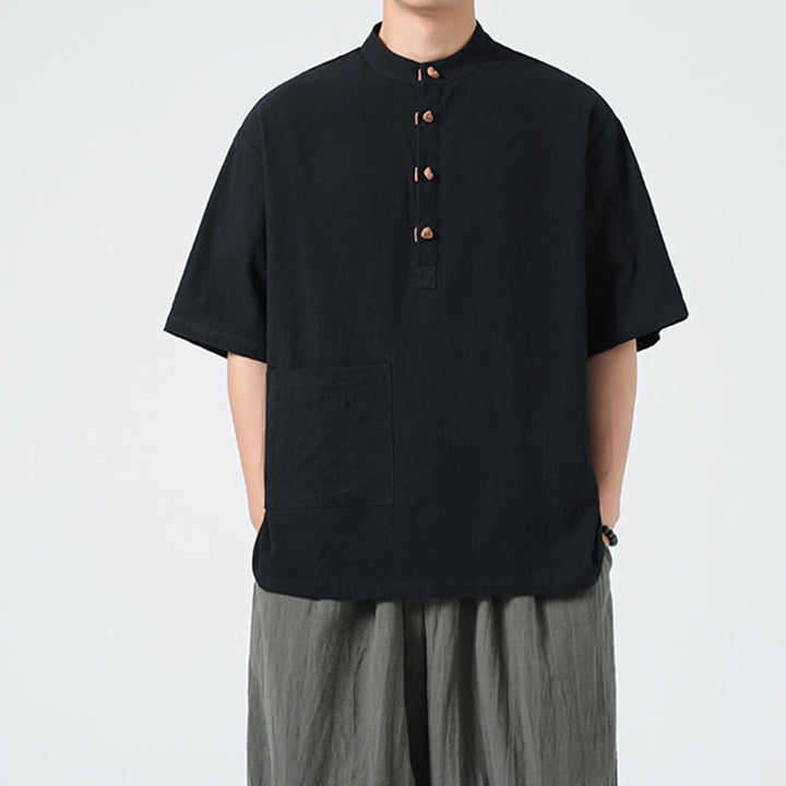 Chemise décontractée à manches mi-longues et col montant pour homme, motif Buddha Stones, avec poche