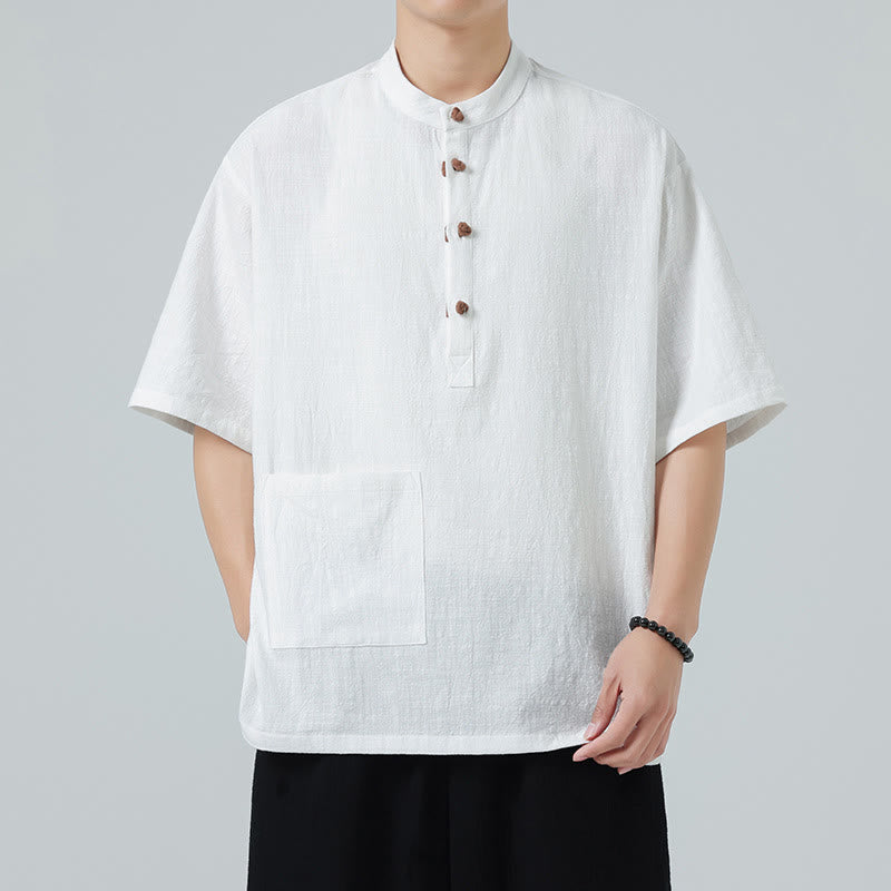 Chemise décontractée à manches mi-longues et col montant pour homme, motif Buddha Stones, avec poche