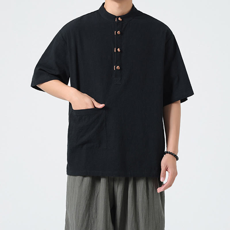 Chemise décontractée à manches mi-longues et col montant pour homme, motif Buddha Stones, avec poche