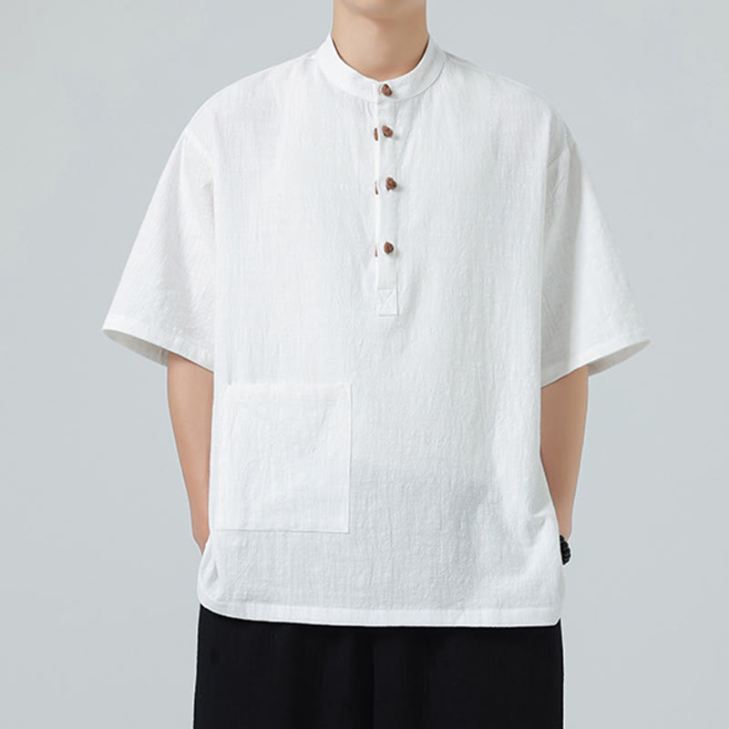 Chemise décontractée à manches mi-longues et col montant pour homme, motif Buddha Stones, avec poche