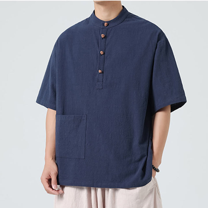 Chemise décontractée à manches mi-longues et col montant pour homme, motif Buddha Stones, avec poche - image 2