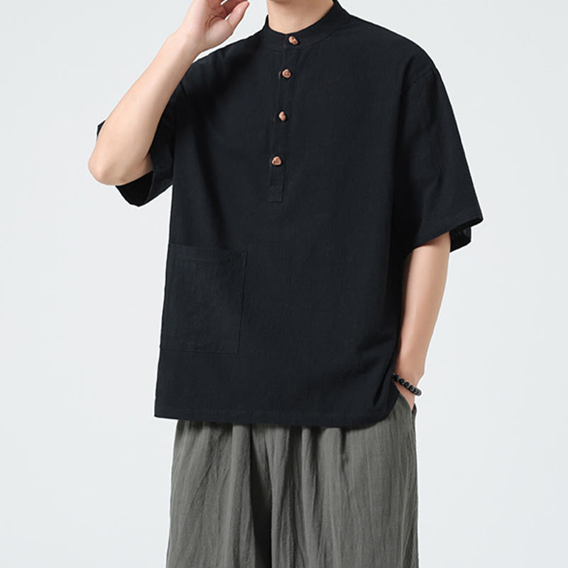 Chemise décontractée à manches mi-longues et col montant pour homme, motif Buddha Stones, avec poche