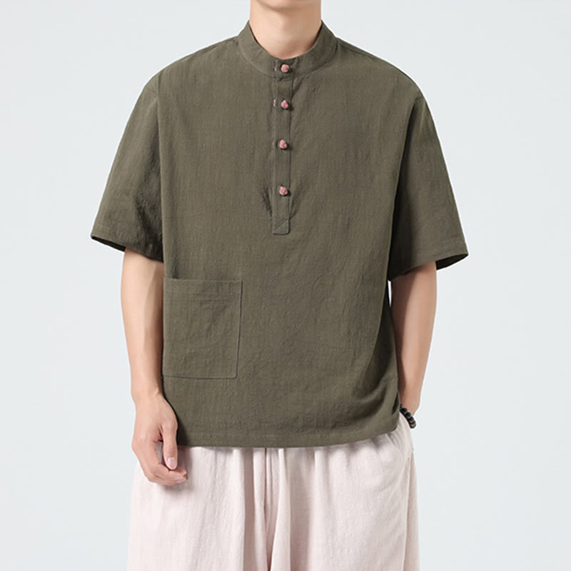 Chemise décontractée à manches mi-longues et col montant pour homme, motif Buddha Stones, avec poche