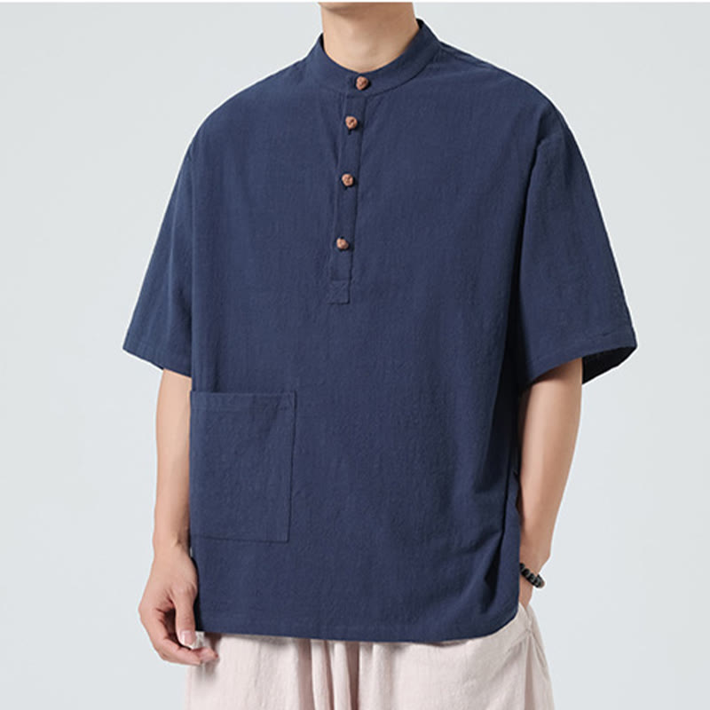 Chemise décontractée à manches mi-longues et col montant pour homme, motif Buddha Stones, avec poche