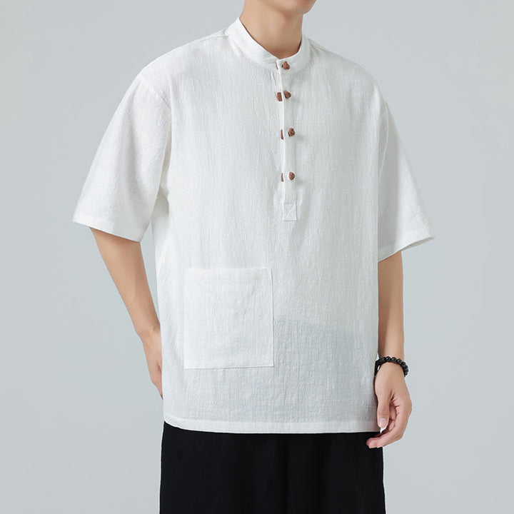 Chemise décontractée à manches mi-longues et col montant pour homme, motif Buddha Stones, avec poche