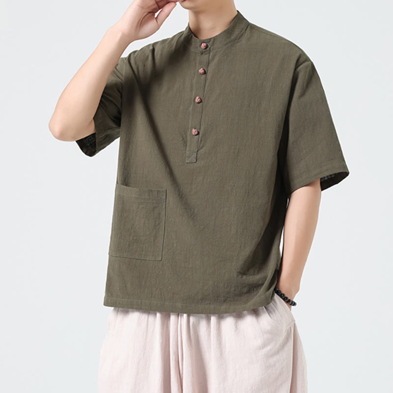 Chemise décontractée à manches mi-longues et col montant pour homme, motif Buddha Stones, avec poche