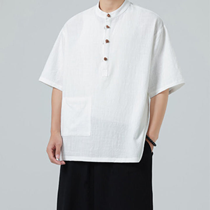 Chemise décontractée à manches mi-longues et col montant pour homme, motif Buddha Stones, avec poche