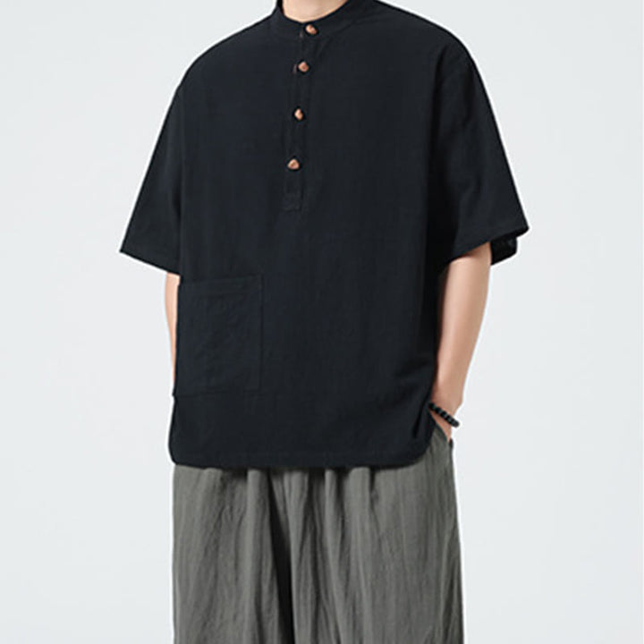 Chemise décontractée à manches mi-longues et col montant pour homme, motif Buddha Stones, avec poche