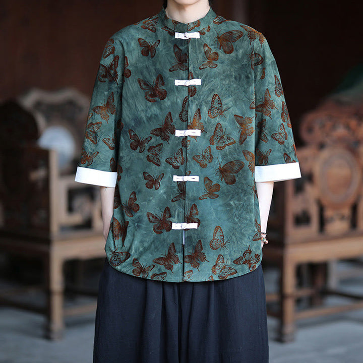 Cardigan en coton à manches trois-quarts et col montant pour homme, motif papillon et jacquard Buddha Stones , blanc, avec boutons grenouille