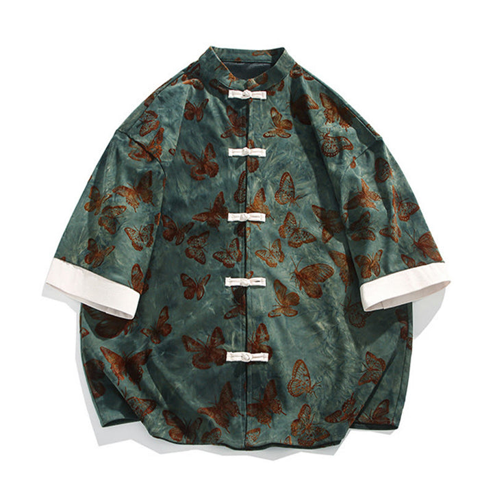 Cardigan en coton à manches trois-quarts et col montant pour homme, motif papillon et jacquard Buddha Stones , blanc, avec boutons grenouille