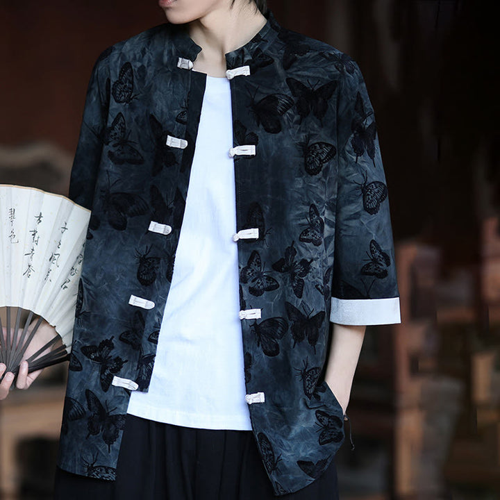 Cardigan en coton à manches trois-quarts et col montant pour homme, motif papillon et jacquard Buddha Stones , blanc, avec boutons grenouille