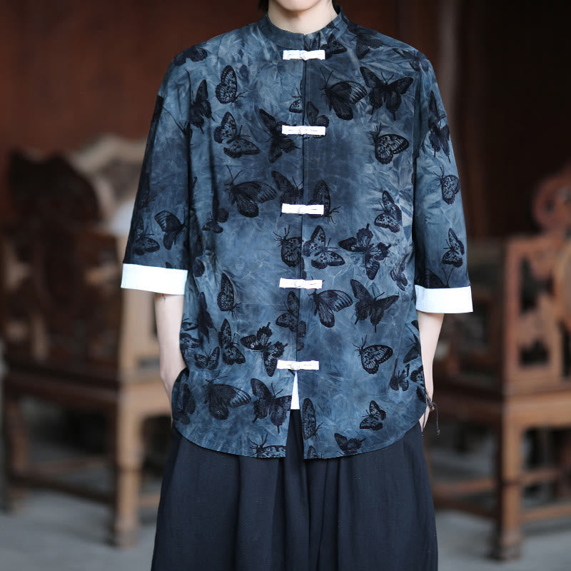 Cardigan en coton à manches trois-quarts et col montant pour homme, motif papillon et jacquard Buddha Stones , blanc, avec boutons grenouille