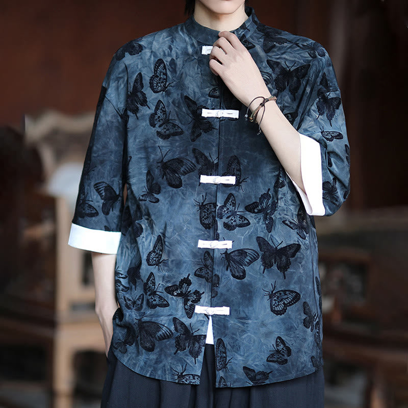 Cardigan en coton à manches trois-quarts et col montant pour homme, motif papillon et jacquard Buddha Stones , blanc, avec boutons grenouille