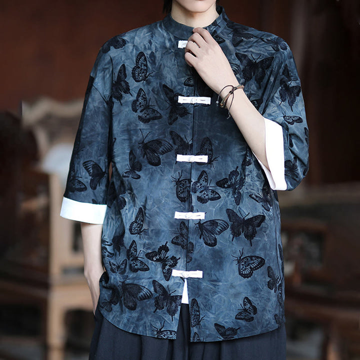Cardigan en coton à manches trois-quarts et col montant pour homme, motif papillon et jacquard Buddha Stones , blanc, avec boutons grenouille