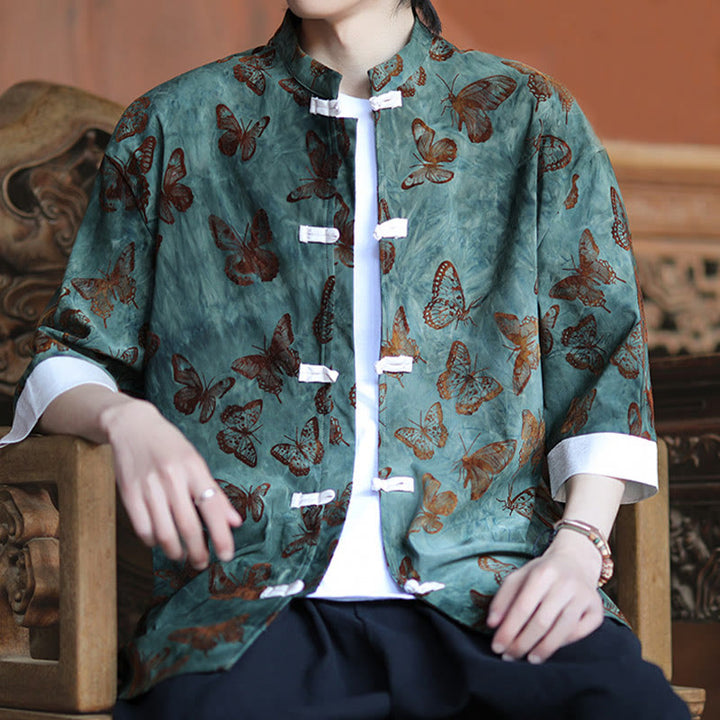 Cardigan en coton à manches trois-quarts et col montant pour homme, motif papillon et jacquard Buddha Stones , blanc, avec boutons grenouille