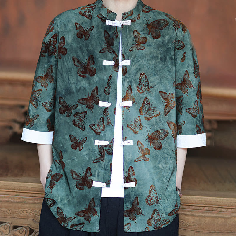 Cardigan en coton à manches trois-quarts et col montant pour homme, motif papillon et jacquard Buddha Stones , blanc, avec boutons grenouille