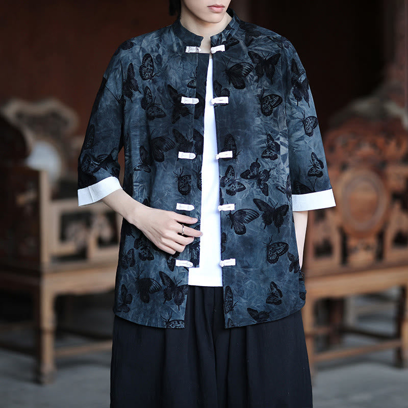 Cardigan en coton à manches trois-quarts et col montant pour homme, motif papillon et jacquard Buddha Stones , blanc, avec boutons grenouille