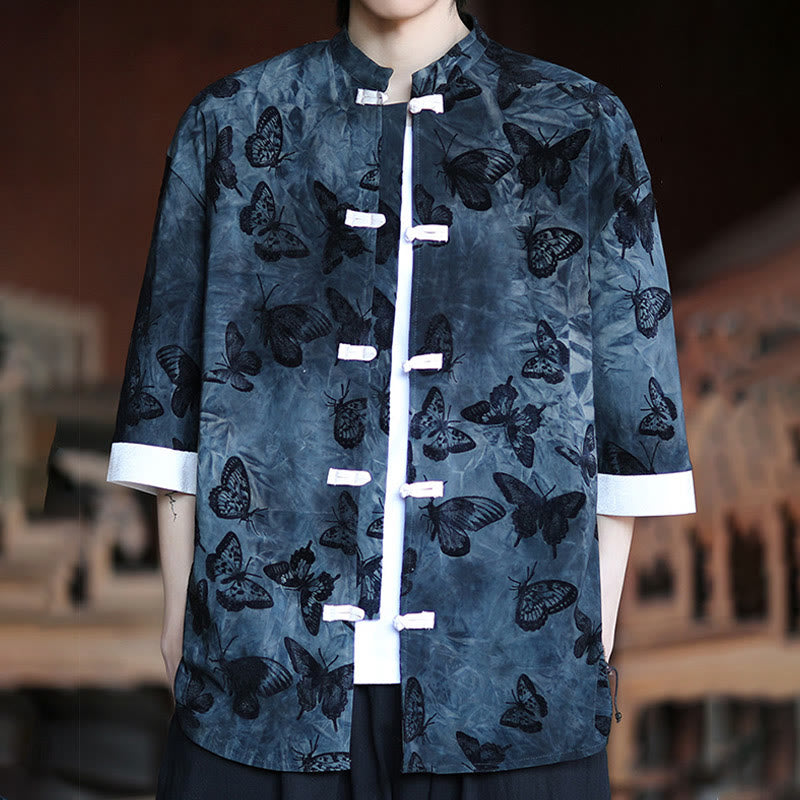 Cardigan en coton à manches trois-quarts et col montant pour homme, motif papillon et jacquard Buddha Stones , blanc, avec boutons grenouille