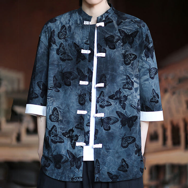 Cardigan en coton à manches trois-quarts et col montant pour homme, motif papillon et jacquard Buddha Stones , blanc, avec boutons grenouille