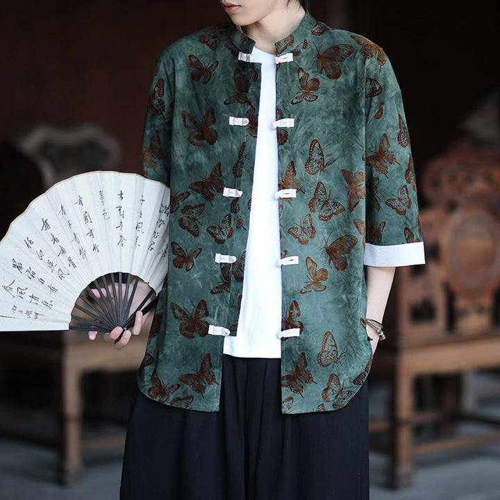 Cardigan en coton à manches trois-quarts et col montant pour homme, motif papillon et jacquard Buddha Stones , blanc, avec boutons grenouille