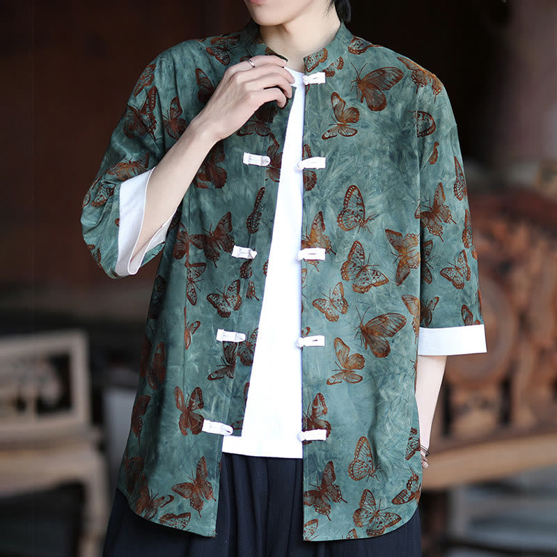 Cardigan en coton à manches trois-quarts et col montant pour homme, motif papillon et jacquard Buddha Stones , blanc, avec boutons grenouille