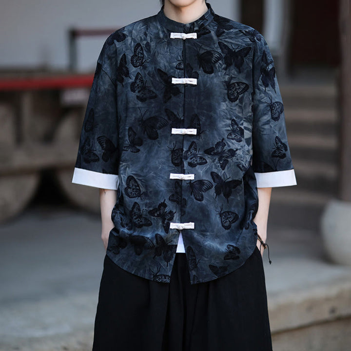Cardigan en coton à manches trois-quarts et col montant pour homme, motif papillon et jacquard Buddha Stones , blanc, avec boutons grenouille