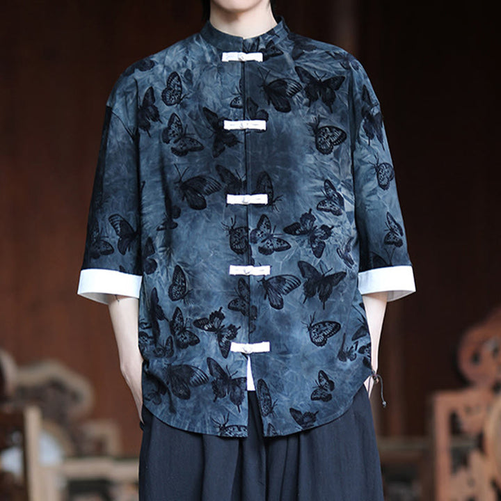 Cardigan en coton à manches trois-quarts et col montant pour homme, motif papillon et jacquard Buddha Stones , blanc, avec boutons grenouille