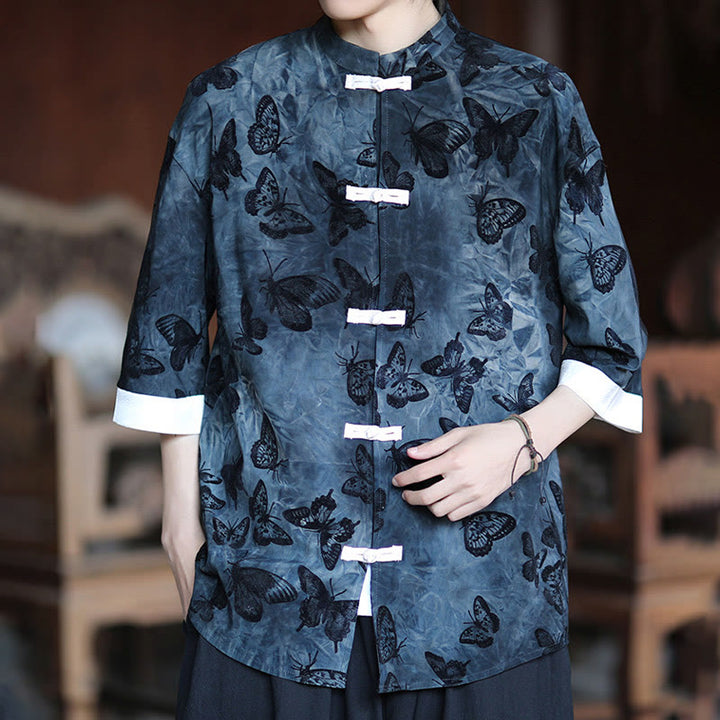 Cardigan en coton à manches trois-quarts et col montant pour homme, motif papillon et jacquard Buddha Stones , blanc, avec boutons grenouille