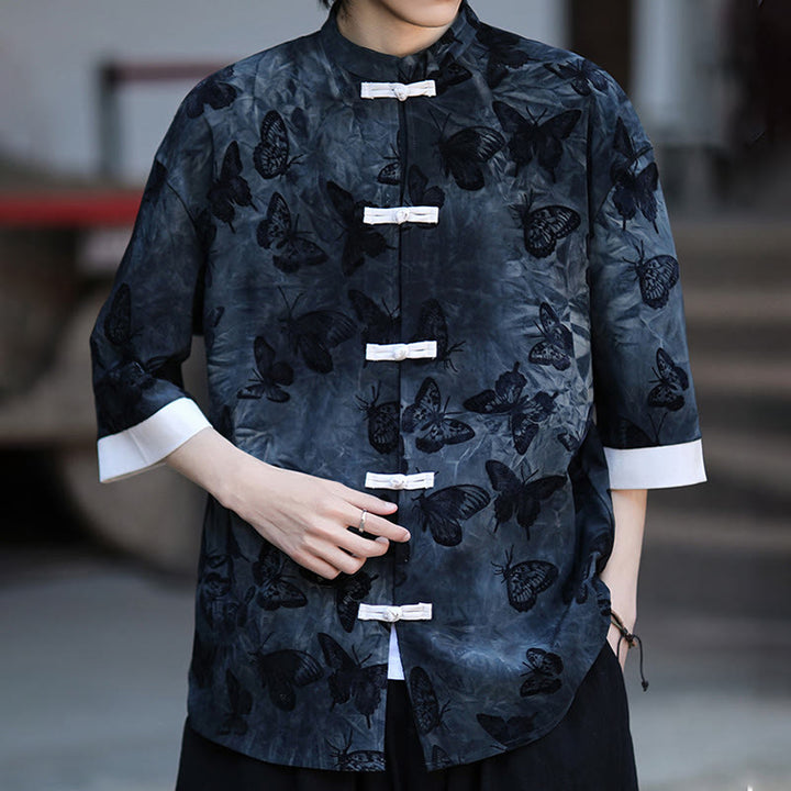 Cardigan en coton à manches trois-quarts et col montant pour homme, motif papillon et jacquard Buddha Stones , blanc, avec boutons grenouille