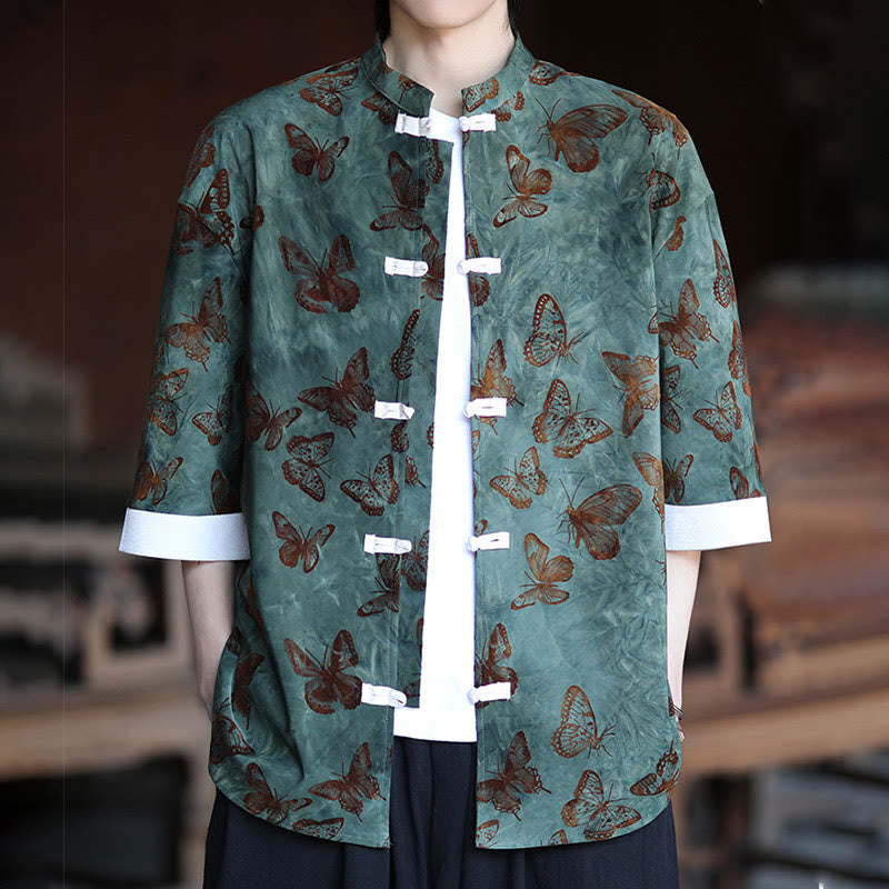 Cardigan en coton à manches trois-quarts et col montant pour homme, motif papillon et jacquard Buddha Stones , blanc, avec boutons grenouille