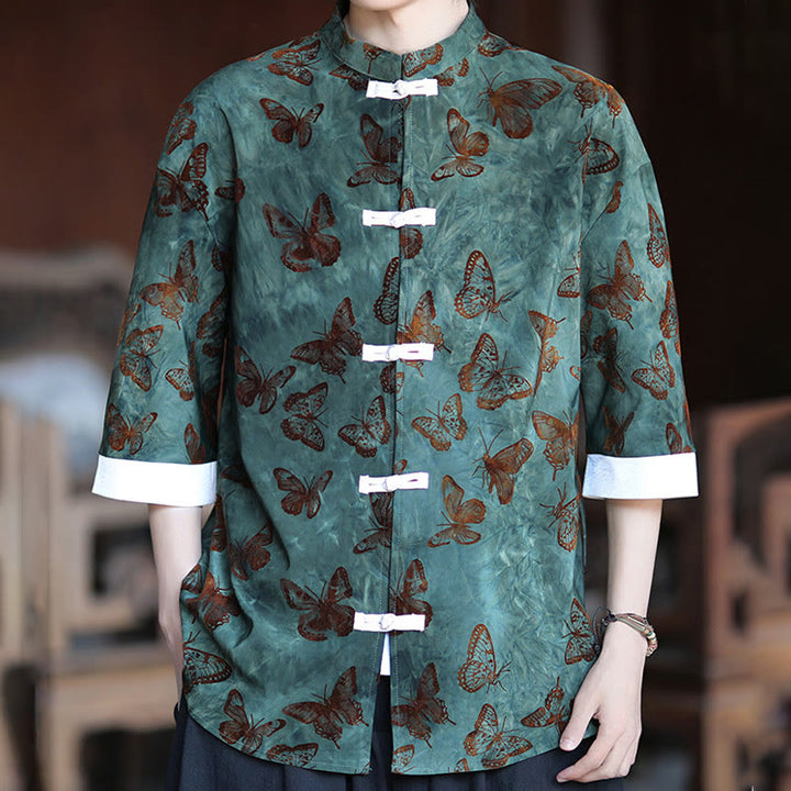Cardigan en coton à manches trois-quarts et col montant pour homme, motif papillon et jacquard Buddha Stones , blanc, avec boutons grenouille