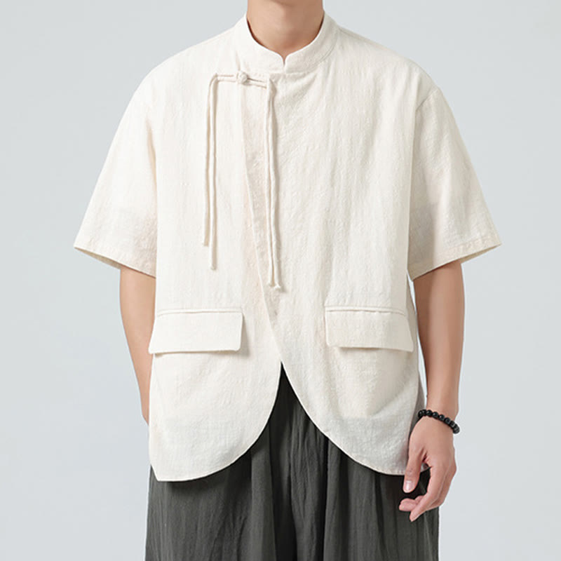 Chemise vintage à manches mi-longues et col montant pour homme, cardigan en coton avec poches, motif Buddha Stones, couleur unie, ourlet irrégulier - Beige - US/UK/AU46，EU56 (5XL) - image 0