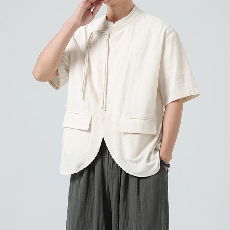 Chemise vintage à manches mi-longues et col montant pour homme, cardigan en coton avec poches, motif Buddha Stones, couleur unie, ourlet irrégulier - image 1