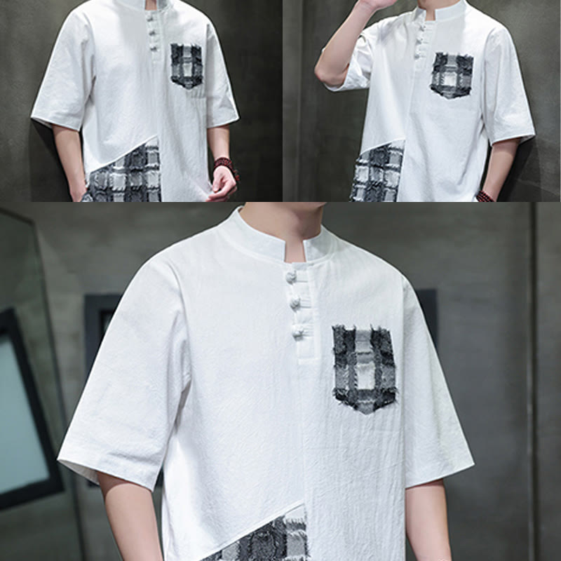 Chemise d'été vintage à manches mi-longues et col montant pour homme, motif patchwork contrasté, style Buddha Stones , avec poche - image 20