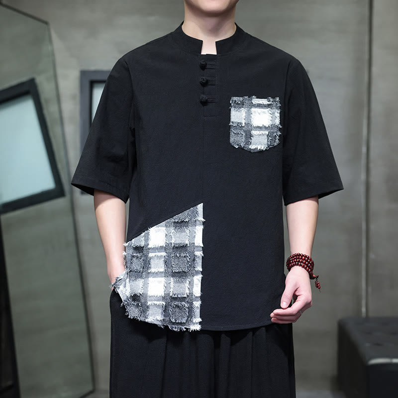 Chemise d'été vintage à manches mi-longues et col montant pour homme, motif patchwork contrasté, style Buddha Stones , avec poche - image 2