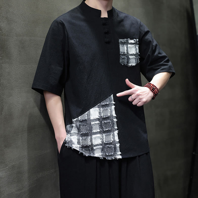 Chemise d'été vintage à manches mi-longues et col montant pour homme, motif patchwork contrasté, style Buddha Stones , avec poche - image 4