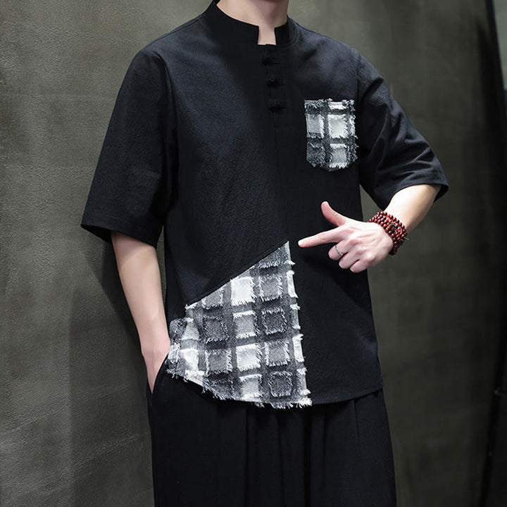 Chemise d'été vintage à manches mi-longues et col montant pour homme, motif patchwork contrasté, style Buddha Stones , avec poche - image 4