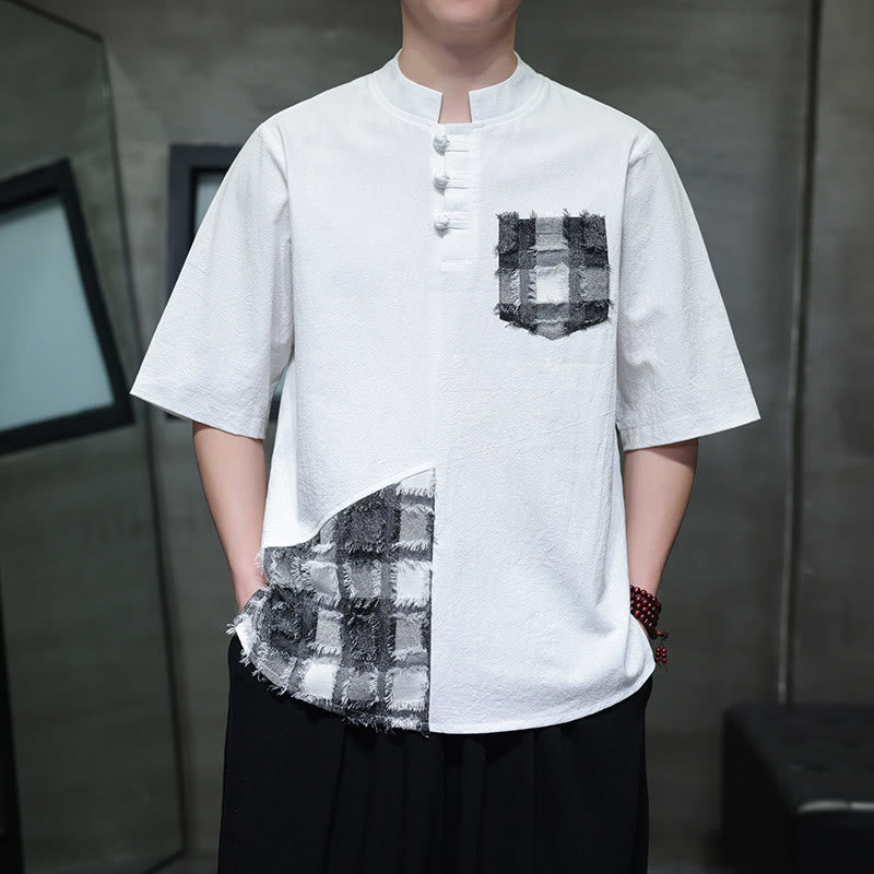 Chemise d'été vintage à manches mi-longues et col montant pour homme, motif patchwork contrasté, style Buddha Stones , avec poche - image 9