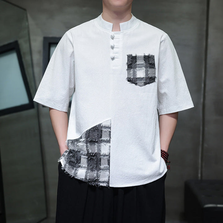 Chemise d'été vintage à manches mi-longues et col montant pour homme, motif patchwork contrasté, style Buddha Stones , avec poche - image 9
