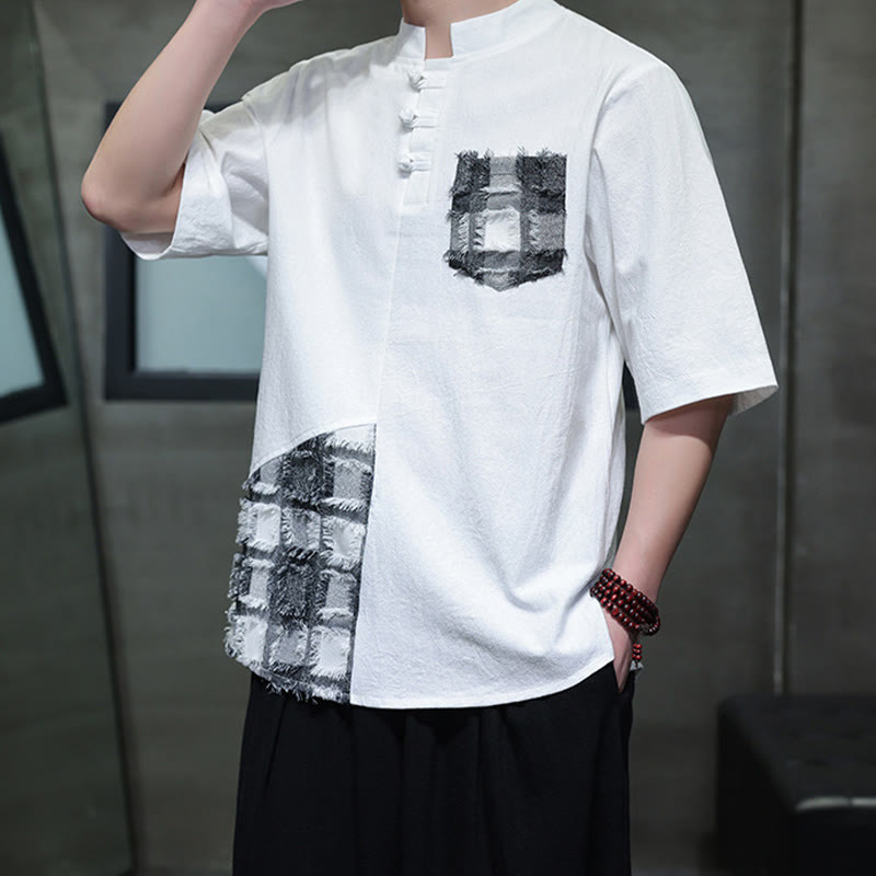 Chemise d'été vintage à manches mi-longues et col montant pour homme, motif patchwork contrasté, style Buddha Stones , avec poche - image 11