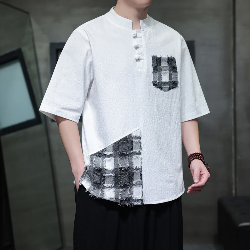 Chemise d'été vintage à manches mi-longues et col montant pour homme, motif patchwork contrasté, style Buddha Stones , avec poche - Blanc - US/UK/AU46，EU56 (5XL) - image 8
