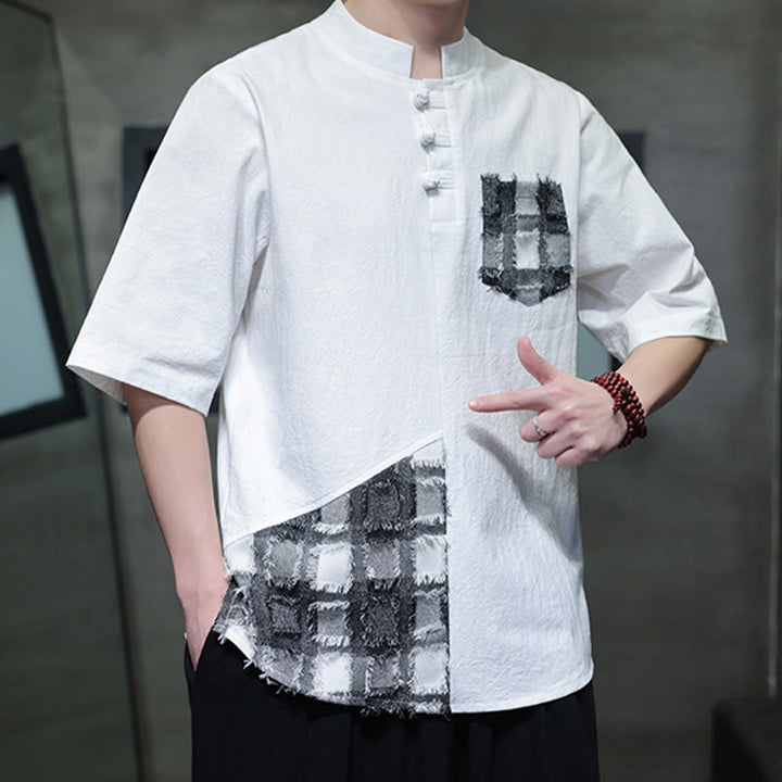 Chemise d'été vintage à manches mi-longues et col montant pour homme, motif patchwork contrasté, style Buddha Stones , avec poche - image 15