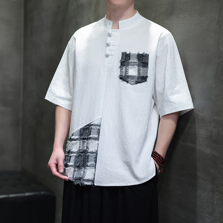 Chemise d'été vintage à manches mi-longues et col montant pour homme, motif patchwork contrasté, style Buddha Stones , avec poche - image 10