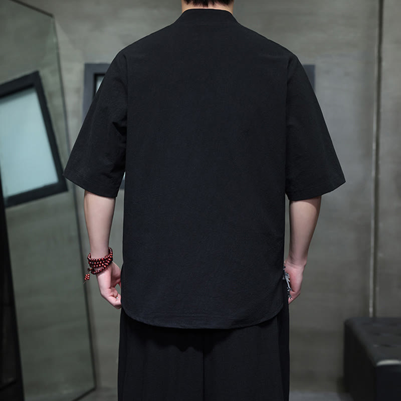 Chemise d'été vintage à manches mi-longues et col montant pour homme, motif patchwork contrasté, style Buddha Stones , avec poche - image 3