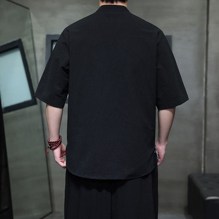 Chemise d'été vintage à manches mi-longues et col montant pour homme, motif patchwork contrasté, style Buddha Stones , avec poche - image 3
