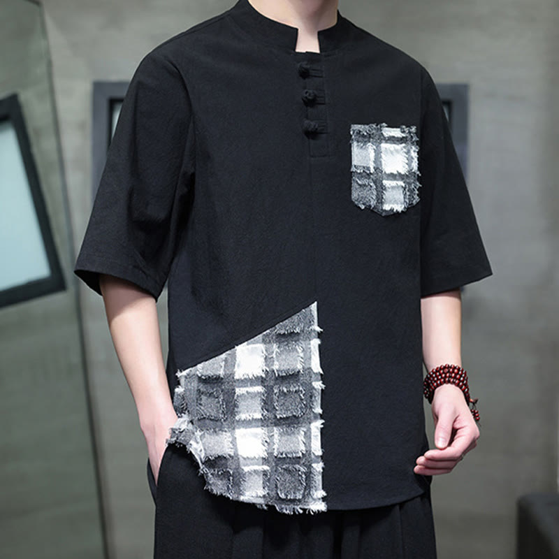 Chemise d'été vintage à manches mi-longues et col montant pour homme, motif patchwork contrasté, style Buddha Stones , avec poche - image 6