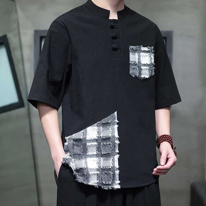 Chemise d'été vintage à manches mi-longues et col montant pour homme, motif patchwork contrasté, style Buddha Stones , avec poche - image 6