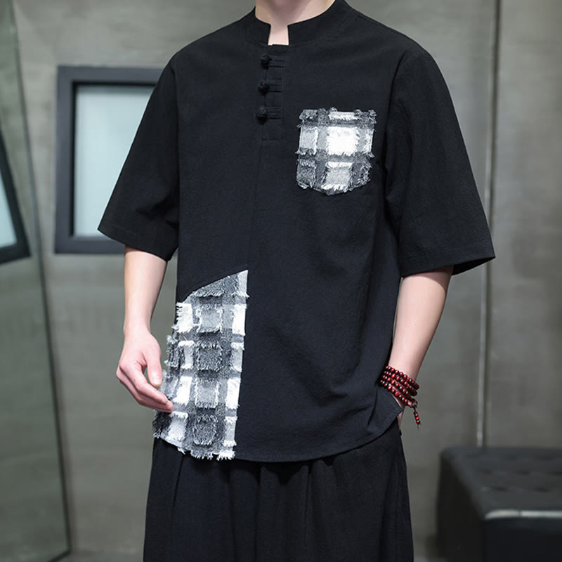 Chemise d'été vintage à manches mi-longues et col montant pour homme, motif patchwork contrasté, style Buddha Stones , avec poche - image 1